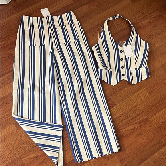 Sugarlips Pants - Sugarlips Blue and White Striped Wide Leg Pants & Vest Set
